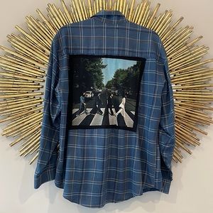 Urban Outfitters Blue Plaid Flannel Top with Beatles Graphic on Back